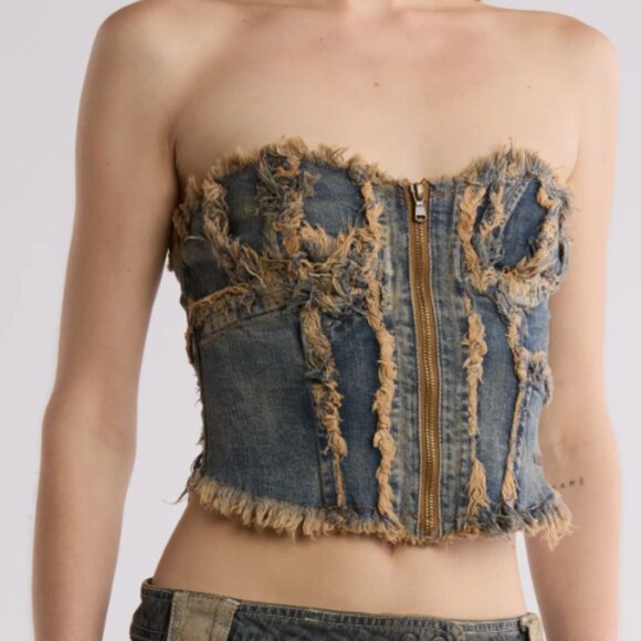 Urban Outfitters BDG Frayed Edge Strapless Sweatheart Neck Denim Corset M - Picture 1 of 8